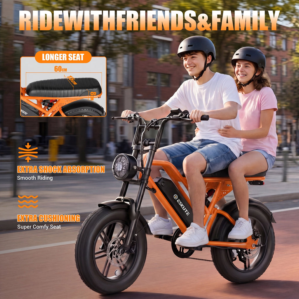 ESKUTE V100 Electric Bike for Teens Adults, 750W Peak 1500W 28 Mph 48V 13 Ah,16x4.0 Fat Tire E Bicycle, 7-Speed E-Bike with Dual Suspension, UL2849