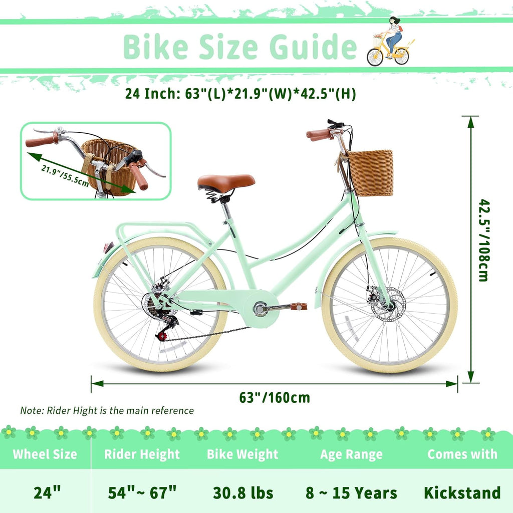24 Beach Cruisers for Women, Pipleo Bikes for Women with Rattan Basket, 7-Speed & Step-Through Frame