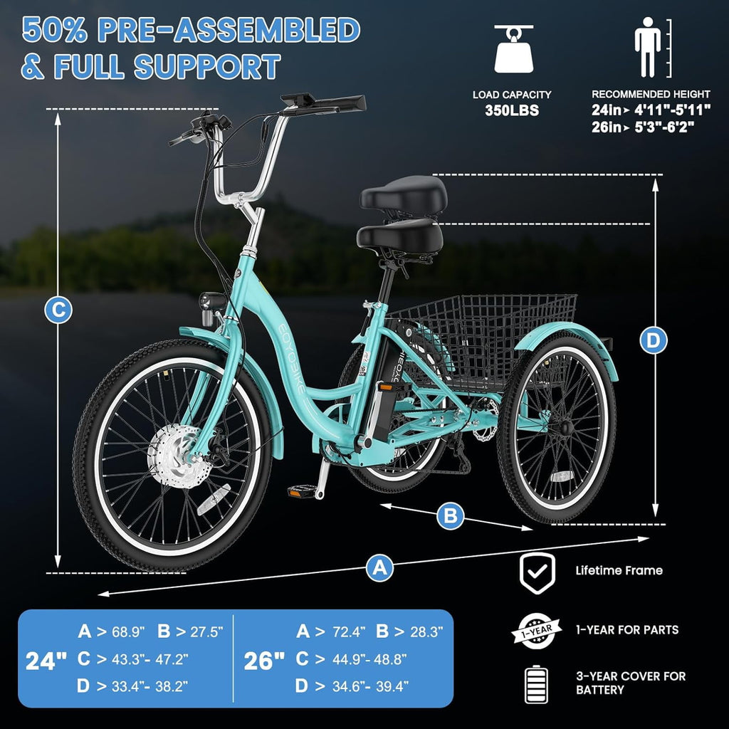 MOONCOOL Electric Trike for Adults w/ Rearview Mirror kit, 700W Peak Motor 10.4Ah battery，24/26 7 Speeds 3 Wheels Low Step Through Unisex Electric Trikes，35-60Miles