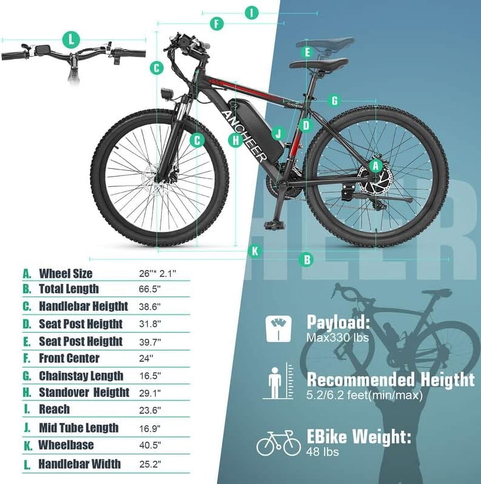 ANCHEER Gladiator 500W 26 Electric Bike for Adults, Electric Mountain Bike with 2.1 Inch eMTB Tire, 48V 10.4Ah Battery, 3H Fast Charge, Shimano 21 Speed, Adults Electric Bicycle UL2849