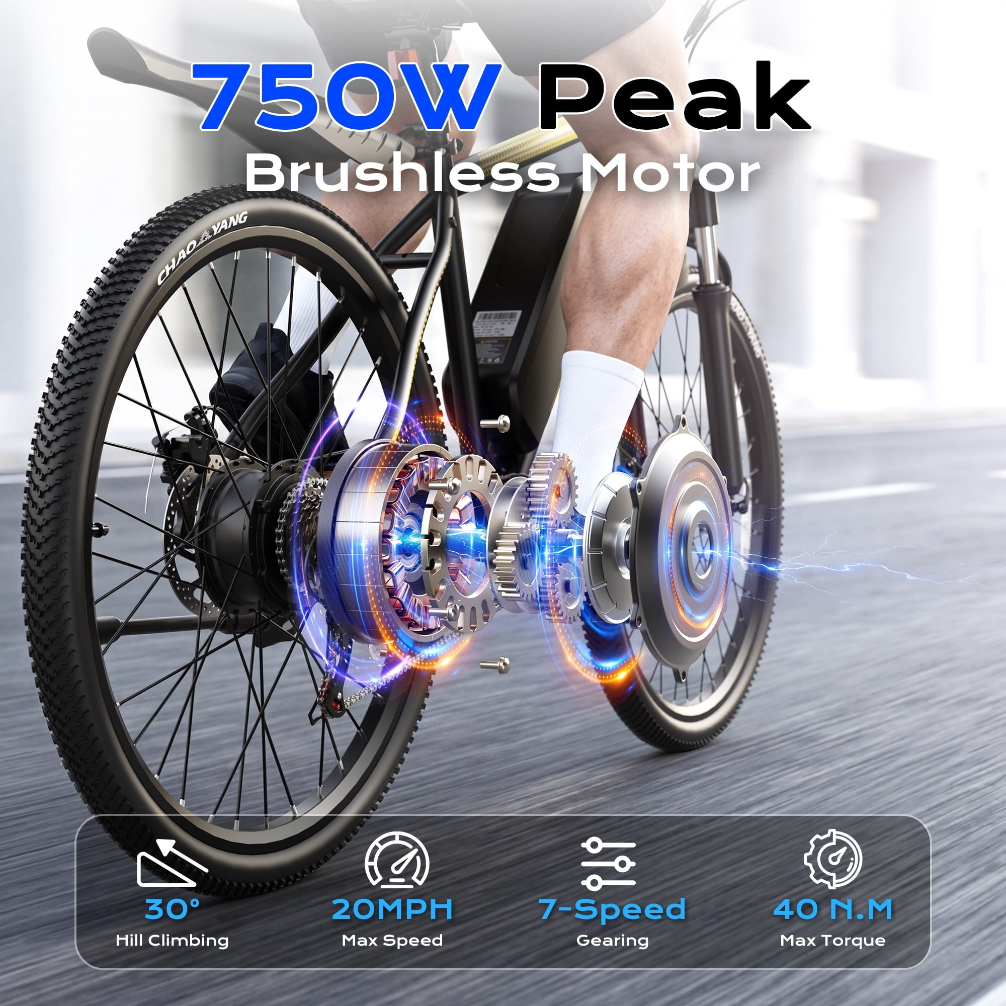 VIPDRIVE Electric Bike for Adults, 26'' 750W Peak Ebike, 48V 7.8AH Removable Battery，Up to 40 Miles 20MPH Electric Mountain Bike，Front Fork Suspension，UL2849