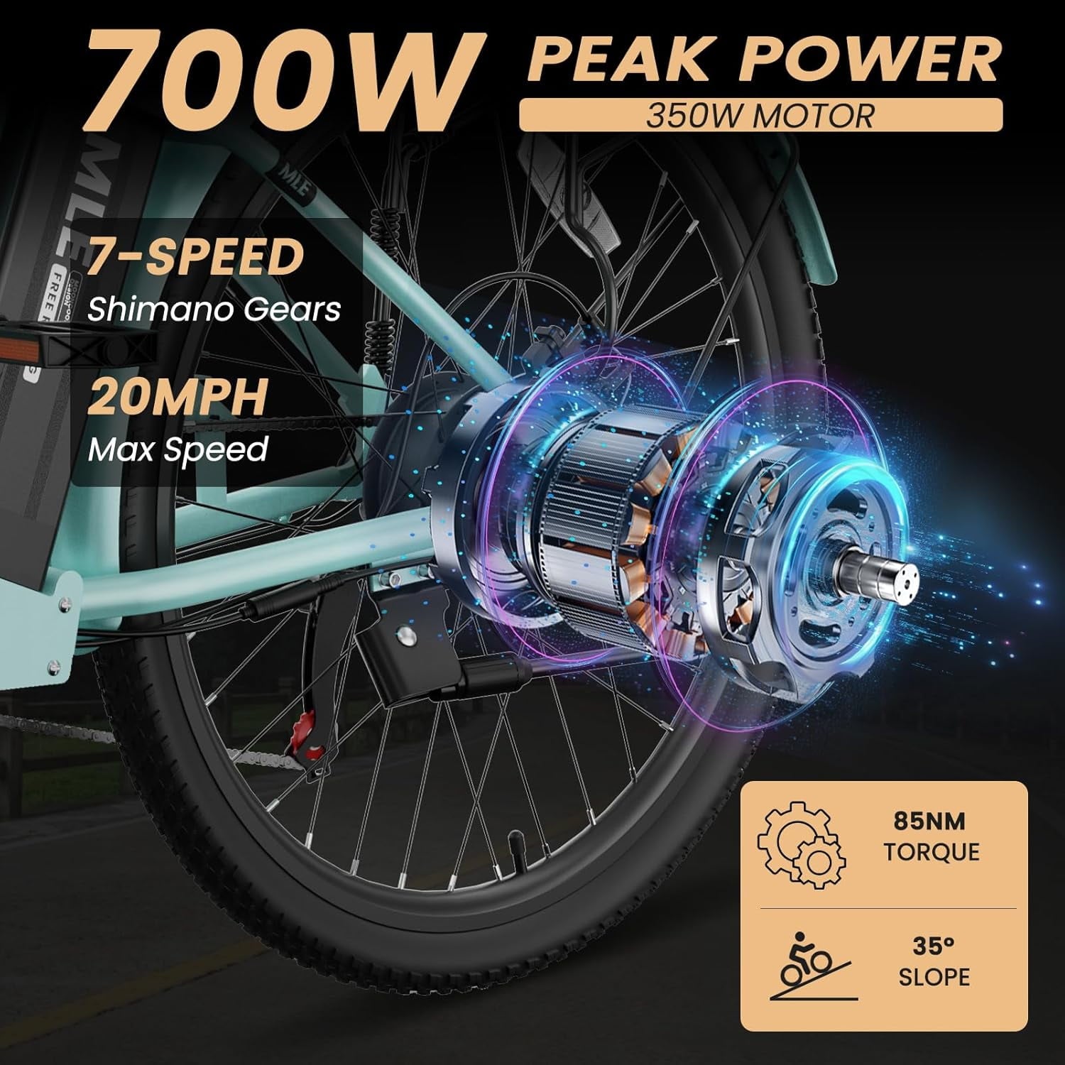 MOONCOOL Electric Bicycle for Adults 350W , 7-Speed Ebike with 36V 10.4Ah Removable Battery， 40 Miles Range , 20 mph Electric Commuter Bike for Women Men