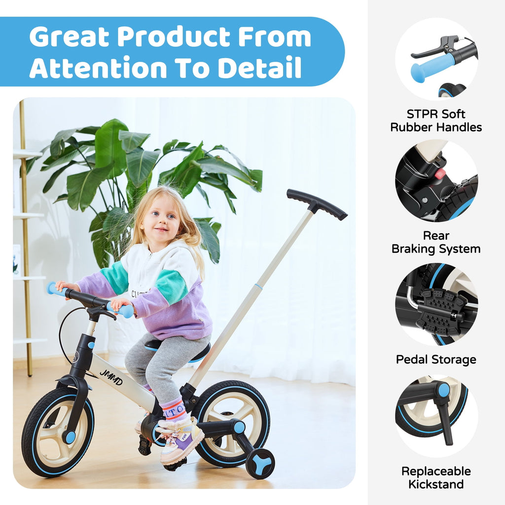 JMMD Toddler Bike with Push Handle for Kid 18-60 Months, 6 in 1 Foldable Tricycle with Training Wheel, Pedals, Kid Balance Bike for Boy & Girl, Black