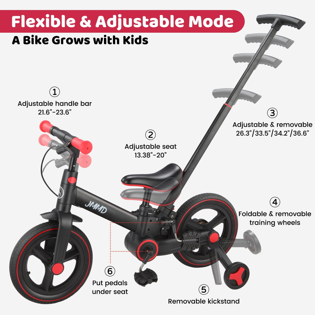 JMMD Toddler Bike with Push Handle for Kid 18-60 Months, 6 in 1 Foldable Tricycle with Training Wheel, Pedals, Kid Balance Bike for Boy & Girl, Black