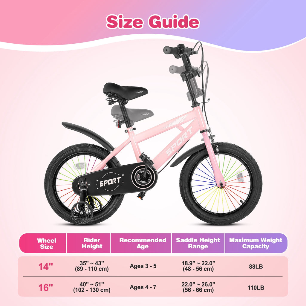 Lookfly 16 Kids Bike for Boys and Girls with Removable Training Wheels,Children's Cicycle,Purple