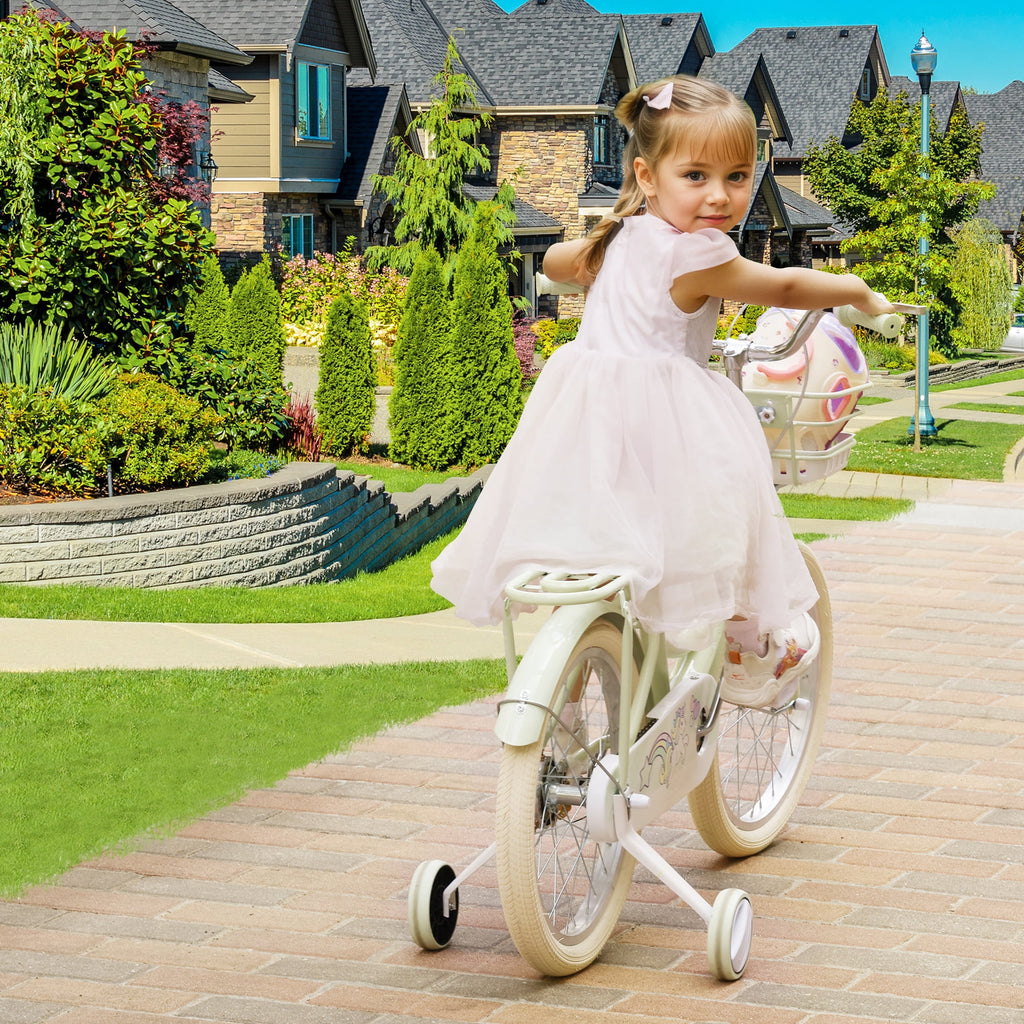 16/18 Inch Bike Kids Bicycle with Basket, Girls Bikes Ages 5-10, Kids Bicycles with Front and Rear Brakes, Kid Bike with Training Wheels, Kickstand, Rear Seat