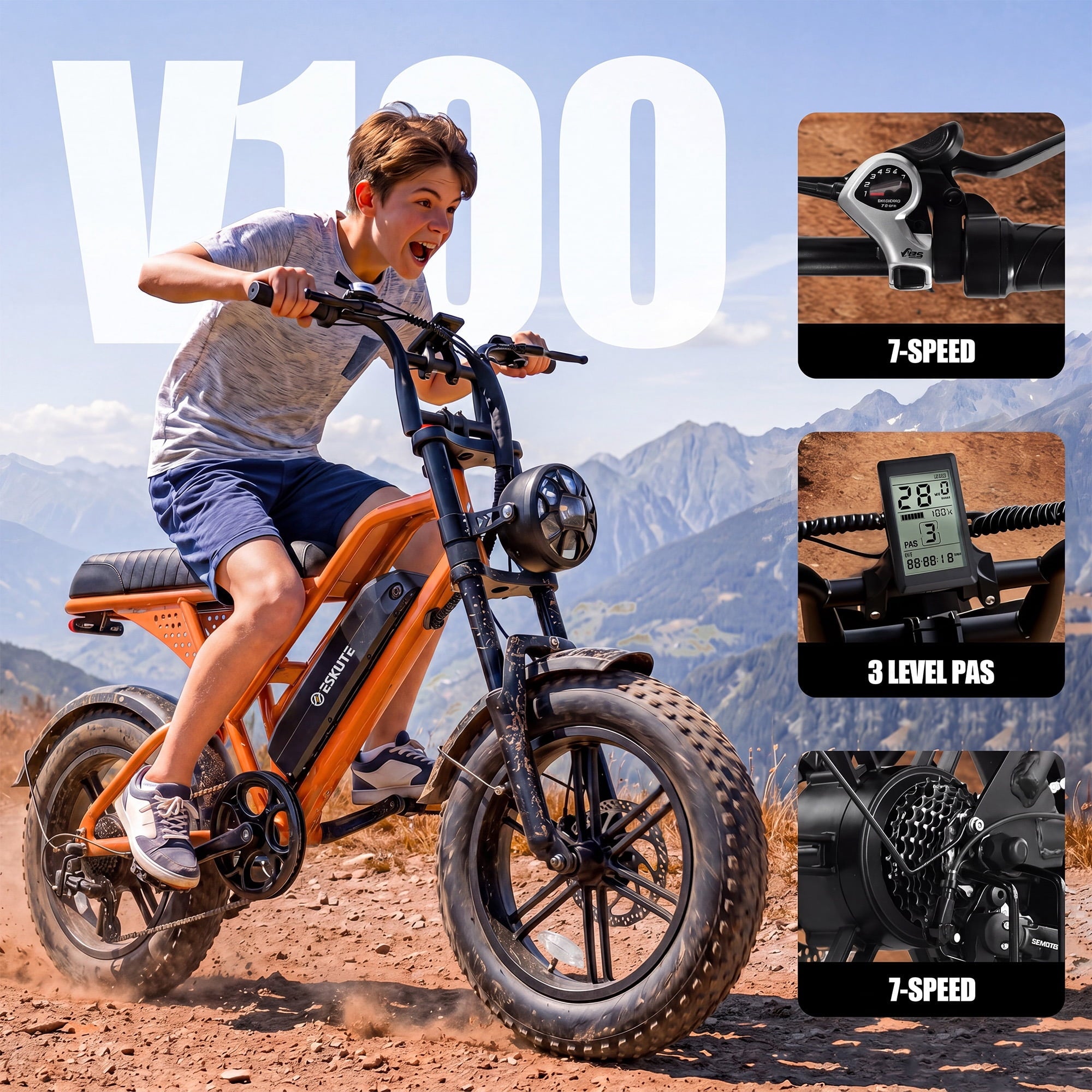 ESKUTE V100 Electric Bike for Teens Adults, 750W Peak 1500W 28 Mph 48V 13 Ah,16x4.0 Fat Tire E Bicycle, 7-Speed E-Bike with Dual Suspension, UL2849