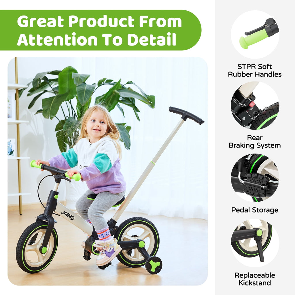 JMMD Toddler Bike with Push Handle for Kid 18-60 Months, 6 in 1 Foldable Tricycle with Training Wheel, Pedals, Kid Balance Bike for Boy & Girl, Black