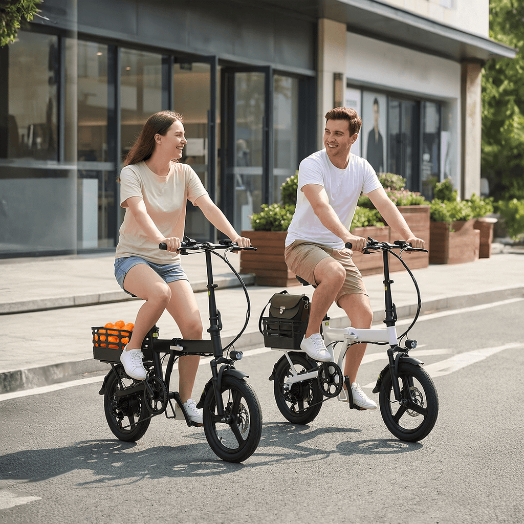 XKJ Electric Bike for Adults, Ebike, Electric Bicycle with 48V 12AH Battery,14 Folding Ebike for Teens, 21MPH,20+ Miles(MAX),500W Motor,Multi-Shock Absorption,Mini E Bikes with Baskets,UL2849