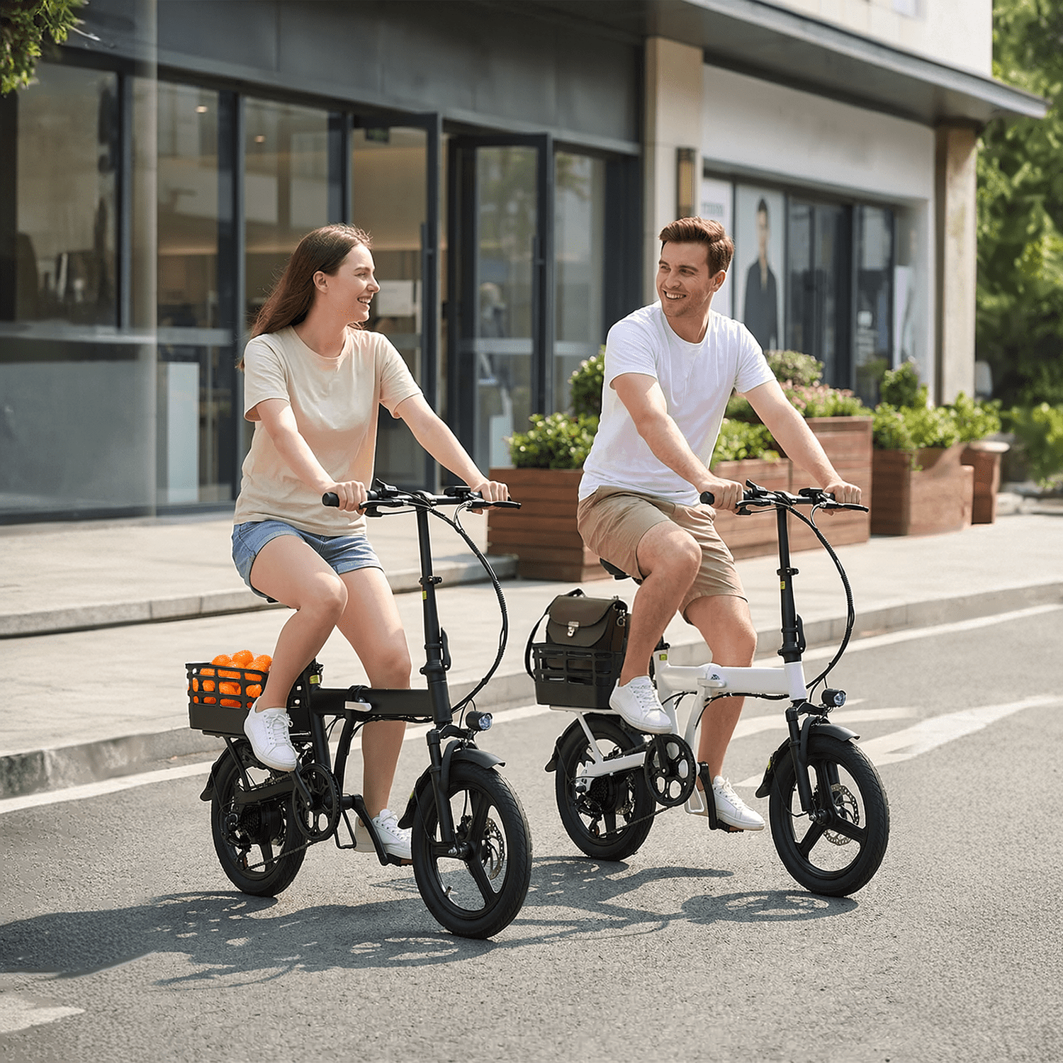 XKJ Electric Bike for Adults, Ebike, Electric Bicycle with 48V 12AH Battery,14 Folding Ebike for Teens, 21MPH,20+ Miles(MAX),500W Motor,Multi-Shock Absorption,Mini E Bikes with Baskets,UL2849