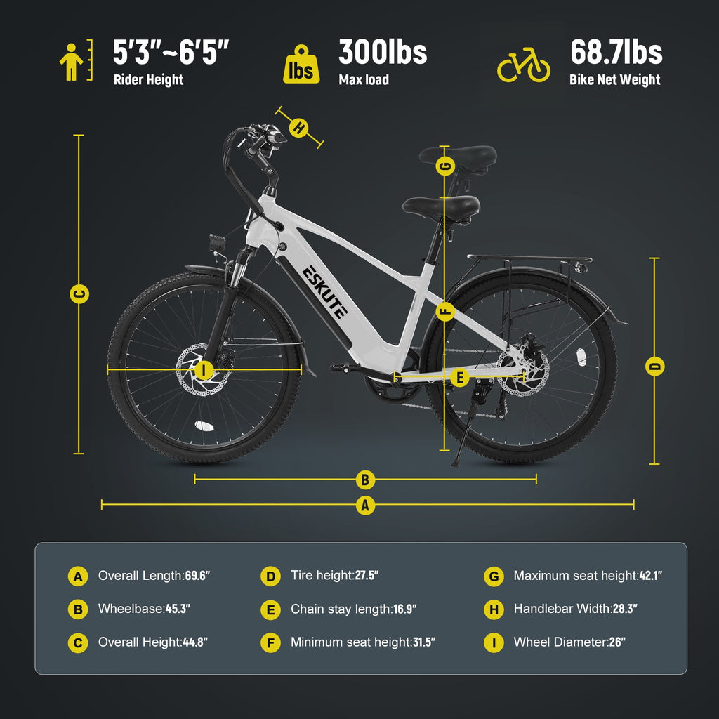ESKUTE C200D 70-Mile Electric Bike for Adults, 840Wh Removable Battery, 1300W Peak Motor, Up to 28MPH, 26 Tires, 7-Speed Step-Over E-Bike White, UL2849