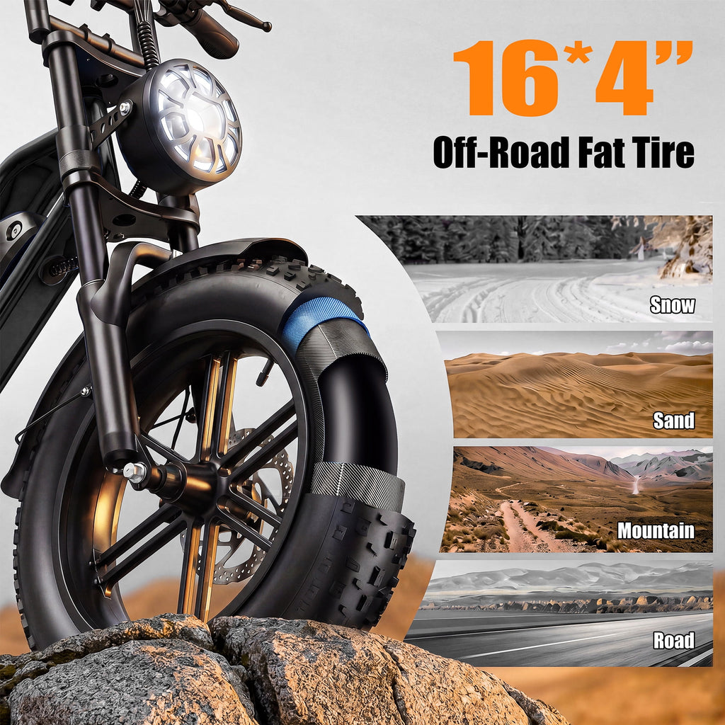 ESKUTE V100 Electric Bike for Teens Adults Students, 750W 28 Mph 48V 13 Ah,16x4.0 Fat Tire E Bicycle, 7-Speed Dual Suspension Mountain EBike Black, UL2849