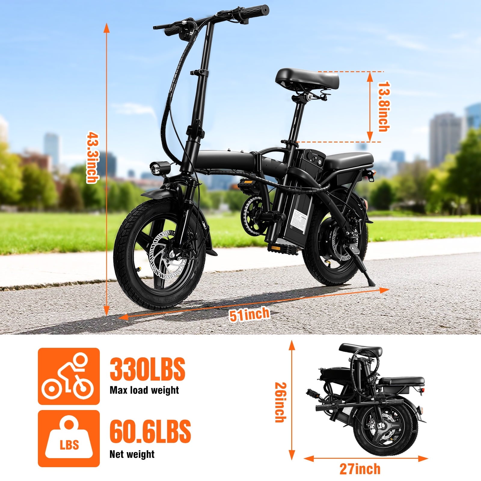 14 Inch Folding Electric Bicycle, 400W Adult Electric Bicycle, 48V 10.4Ah,Top Speed 19.9 Mph, Dual Disc Brake Safety System, 3-Speed Riding, Front Fork With Shock Absorption, Black