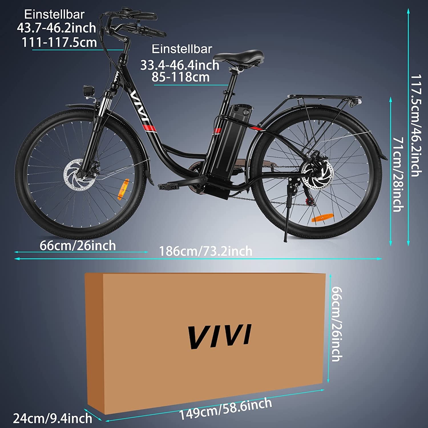 Vivi 26'' Electric Bike for Adults 500W Electric Bike with 48V Removable Battery, Electric Commuter Cruiser Bike 19.8MPH City Electric Bike with Cruise Control, UL2849 Certified