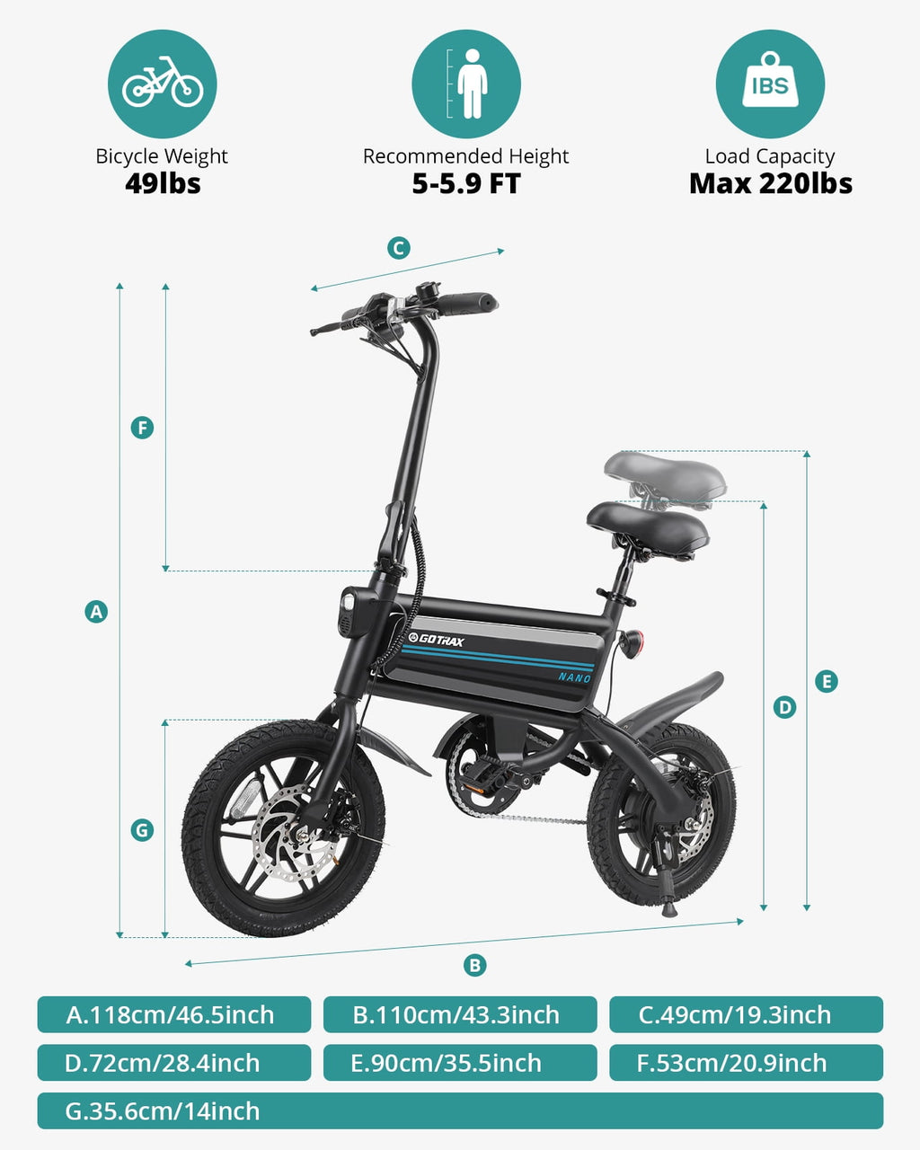 Gotrax Nano 14 Folding Adult Electric Bike,15.5mph 36V 350W Peak Foldable City Bike With LED Light,White