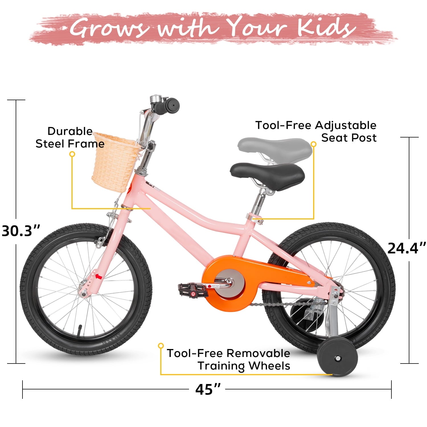 Hykolity Kids Bike Boy Girl Bicycle 16 inch for Children Age 4-7 Years Old Height 41-53 in Child Sport Bike Includes Training Wheel Basket Peach Pink