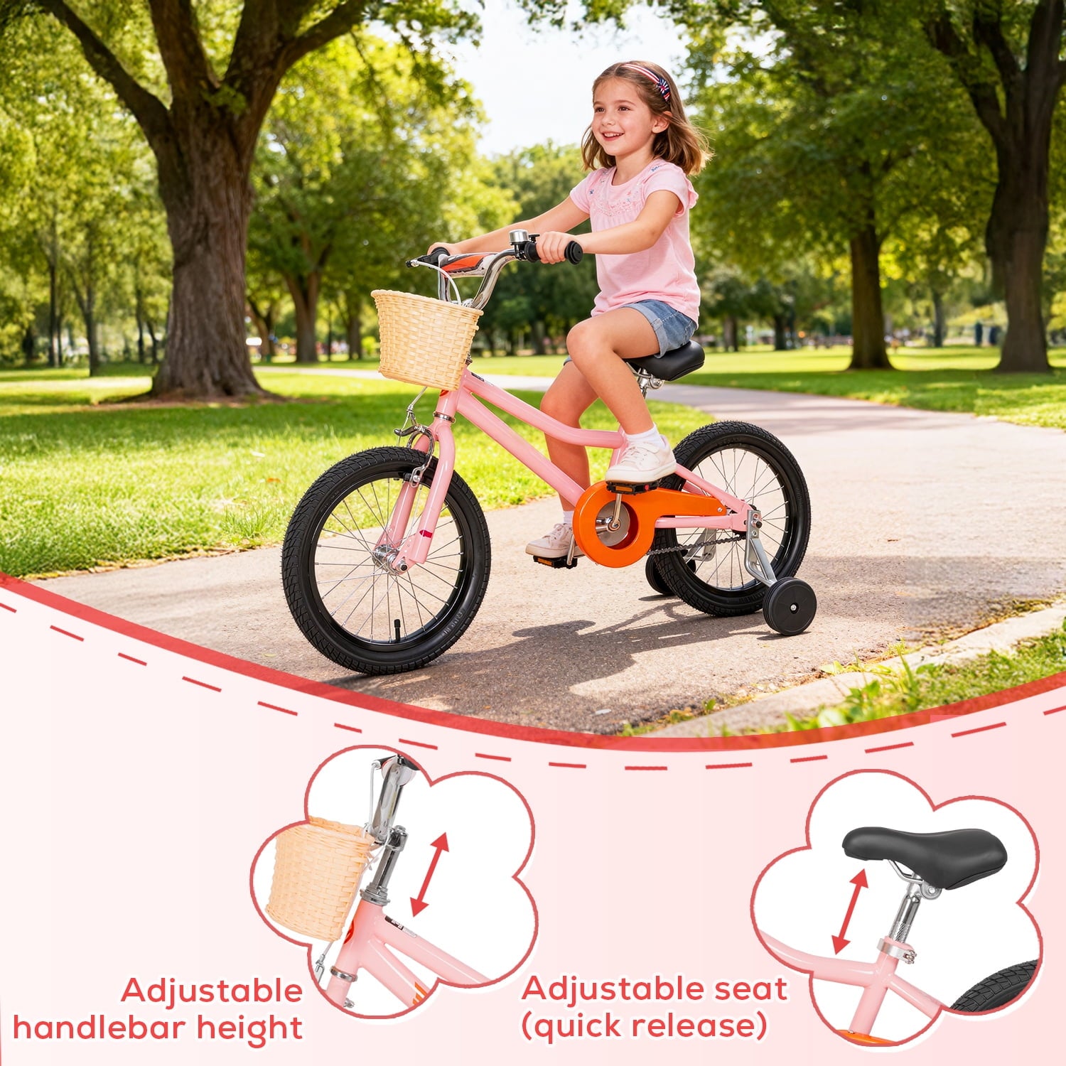 Hykolity Kids Bike Boy Girl Bicycle 16 inch for Children Age 4-7 Years Old Height 41-53 in Child Sport Bike Includes Training Wheel Basket Peach Pink