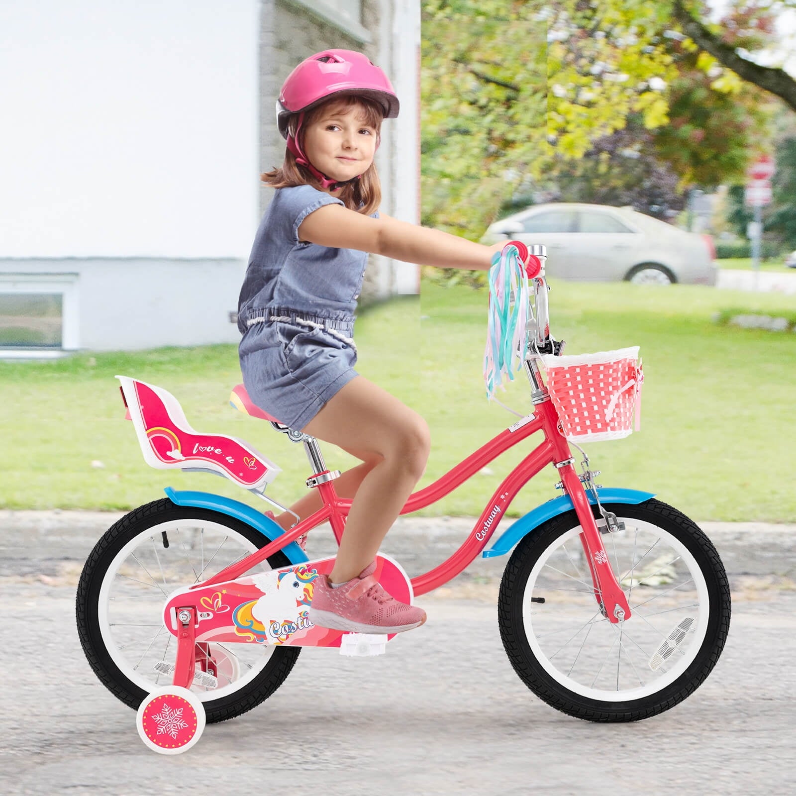 Costway 18 Inches Kids Bicycle with Training Wheels & Basket for Girls Age 4-8 Years Pink