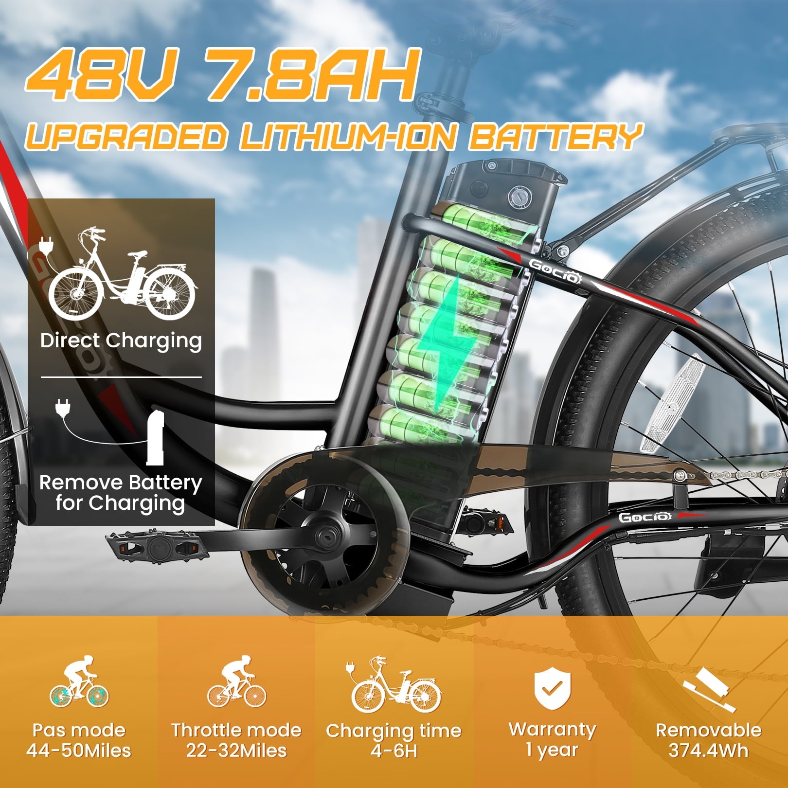 Gocio 26 Electric Bike for Adults, 750W Peak Motor Commuter E-Bike, 48V 7.8Ah Battery, 7-Speed, UL2849