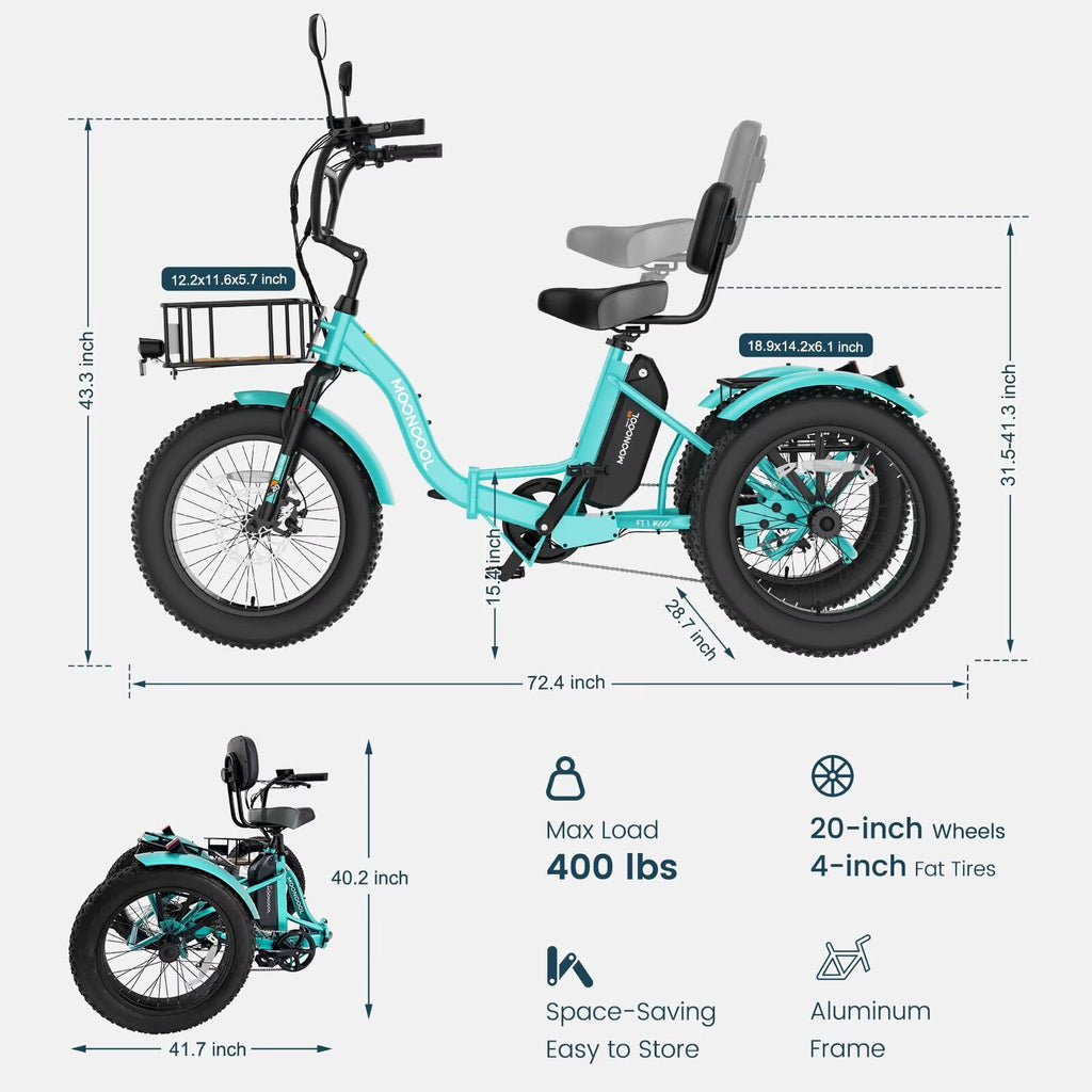 MOONCOOL Folding Electric Tricycle for Adults, 20 x 4 Fat Tire Electric Trike, 48V Peak 1092W  Electric Bicycle, 3 Wheels 7 Speed Ebike w/ 14.5Ah Removable Battery& Speed Differential Mechanism