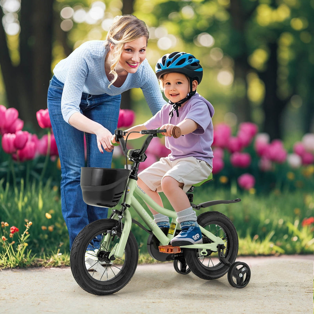 Costway 12 Kid’s Bike with Training Wheels Adjustable Handlebar & Seat Handbrake Green