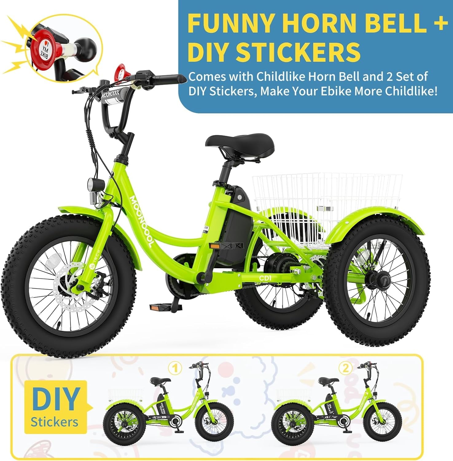 MOONCOOL Electric Tricycle for Kids ,16x3 3 Wheel 250W 10.4Ah Etrike W/ LED headlight & Rear Basket & horn bell & DIY stickers，6/9/12.5 MPH