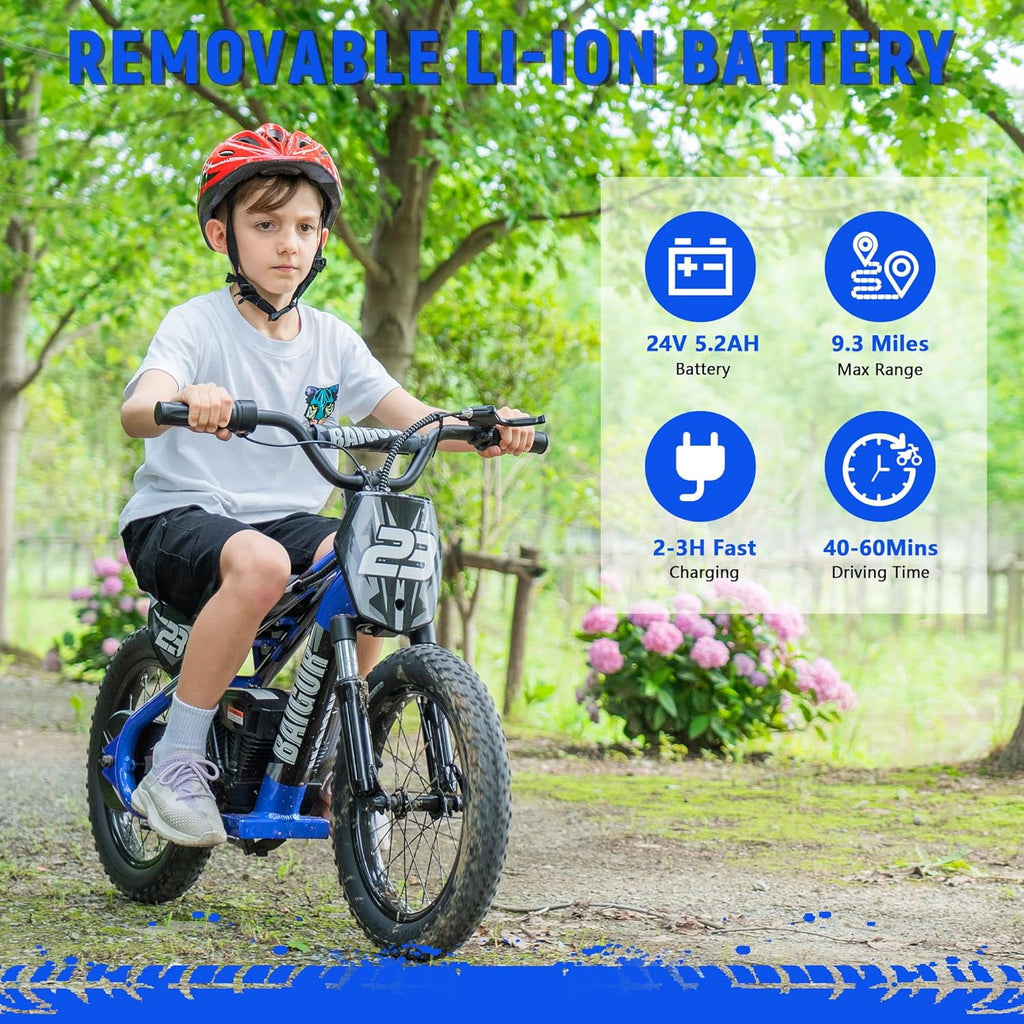 NEORIVER Electric Dirt Bike for Kids Ages 6-12, 250W Electric Motorcycle Up to 15.5MPH, 24V Detachable Battery, 16'' Inflatable Tire Electric Balance Bike with Kickstand