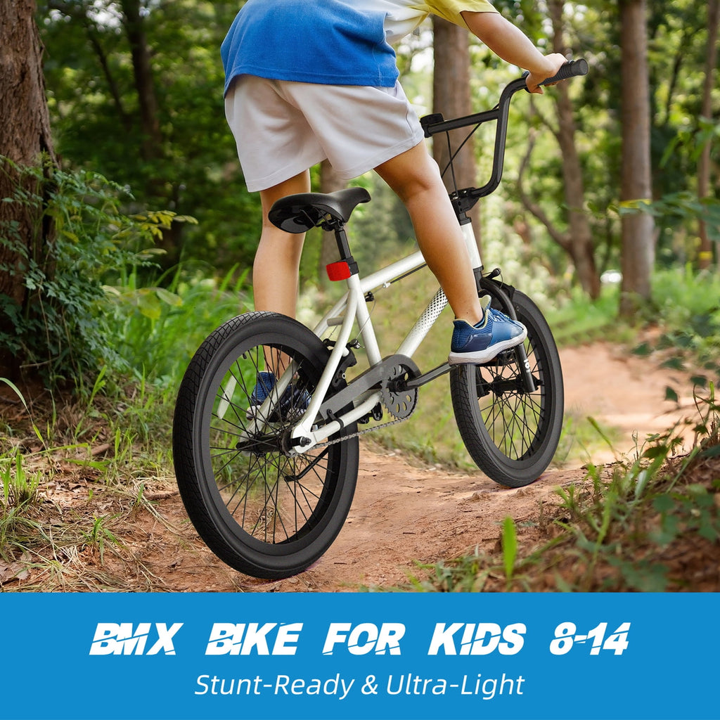 Korimefa Freestyle BMX Bikes, 18 inch Kids Bicycles for 7-12 Years Old Boys Child Tween Teen, with Aluminum Alloy U-Brake, Rear R-Brake, Hand Brake Levers & Front Rear Pedals, White