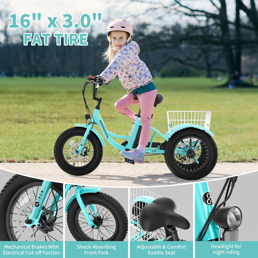 MOONCOOL Electric Tricycle for Kids ,16x3 3 Wheel 250W 10.4Ah Etrike W/ LED headlight & Rear Basket & horn bell & DIY stickers，6/9/12.5 MPH