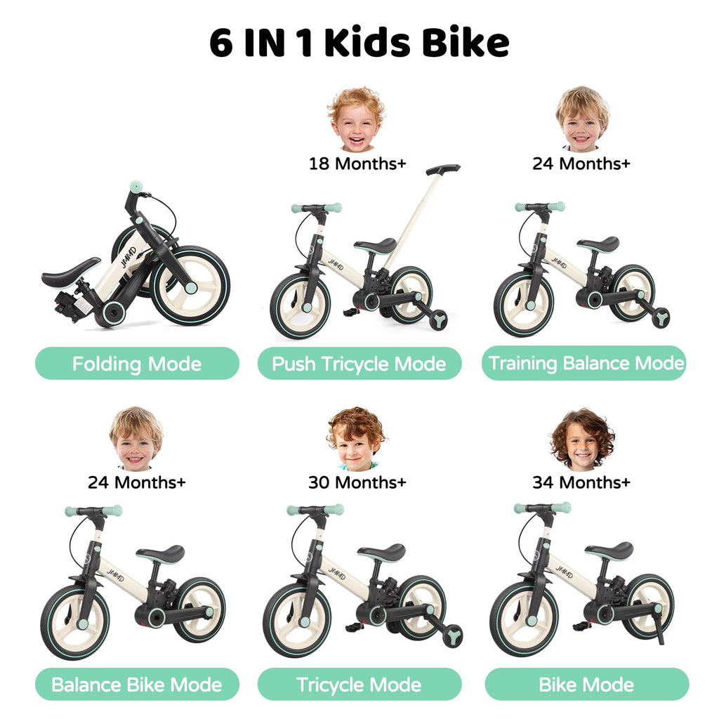 JMMD Toddler Bike with Push Handle for Kid 18-60 Months, 6 in 1 Foldable Tricycle with Training Wheel, Pedals, Kid Balance Bike for Boy & Girl, Black
