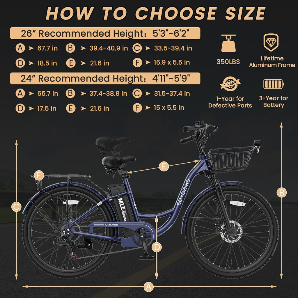 MOONCOOL Electric Bicycle for Adults 350W , 7-Speed Ebike with 36V 10.4Ah Removable Battery， 40 Miles Range , 20 mph Electric Commuter Bike for Women Men