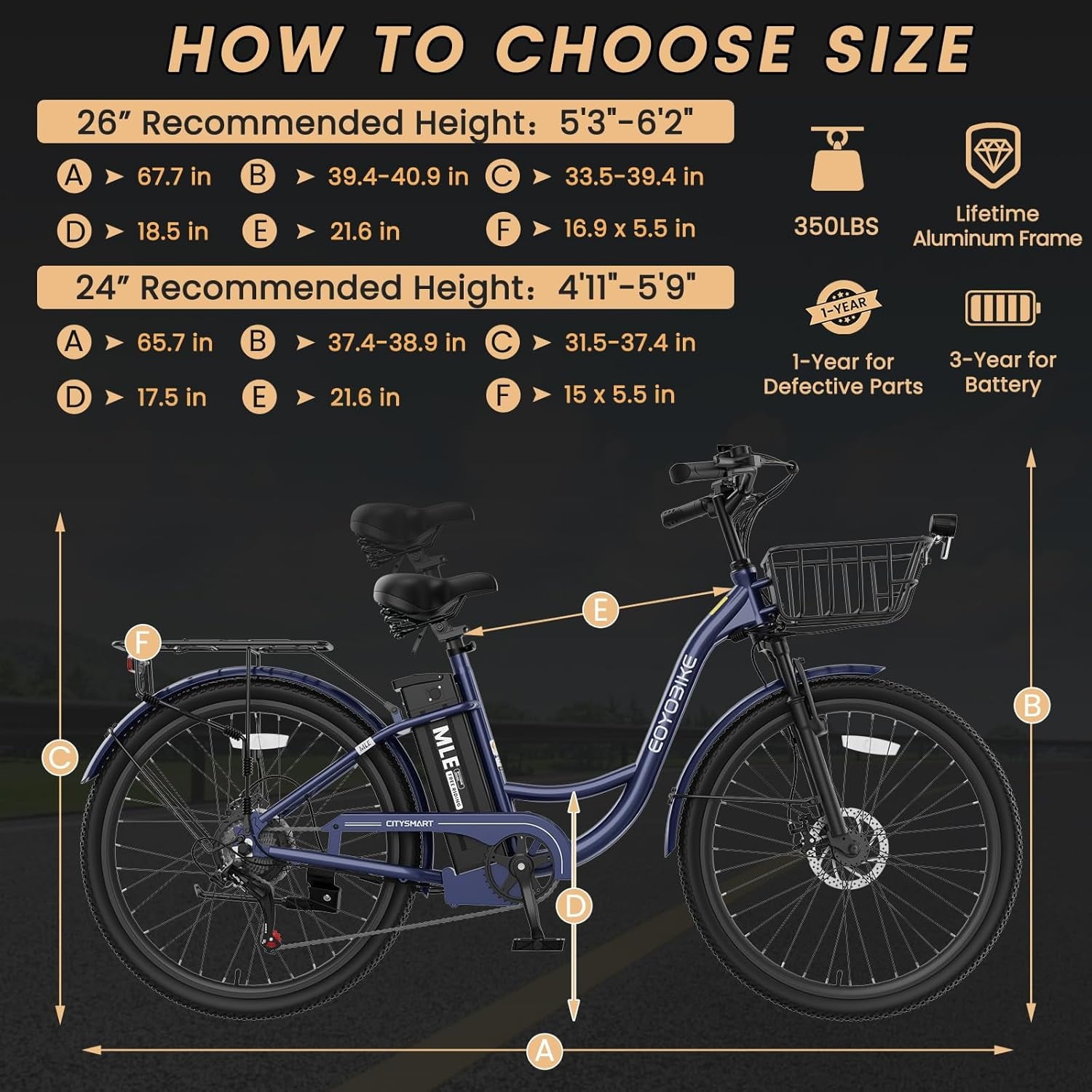 MOONCOOL Electric Bicycle for Adults 350W , 7-Speed Ebike with 36V 10.4Ah Removable Battery， 40 Miles Range , 20 mph Electric Commuter Bike for Women Men