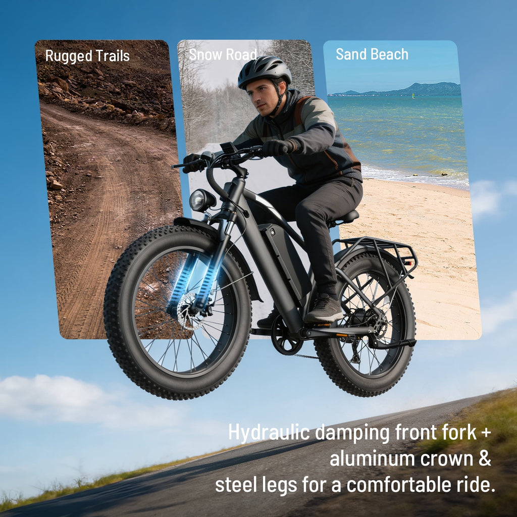 YareYi Electric Bike for Adults 26, 2000W Peak E-Mountain Bicycle, 28MPH Fat Tire Ebike, 48V 15Ah Removable Battery, 7 Speed and Front Suspension with Rear Rack UL2849
