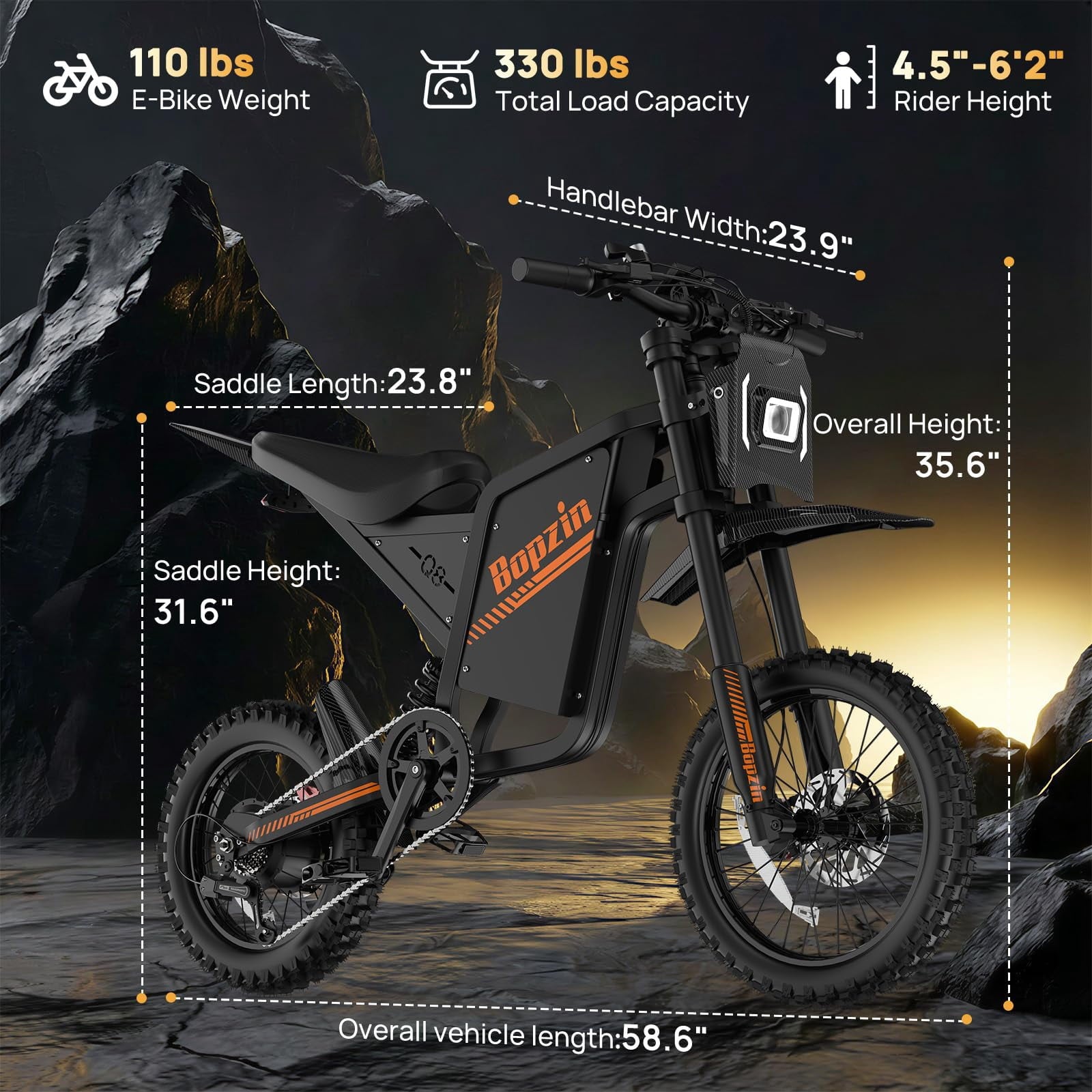 Bopzin Electric Dirt Bike for Adults, Smart App Anti-Theft, 60V 25Ah Up to 100 Miles, 3000W 20x3.0 Fat Tire Electric Bike UL2849