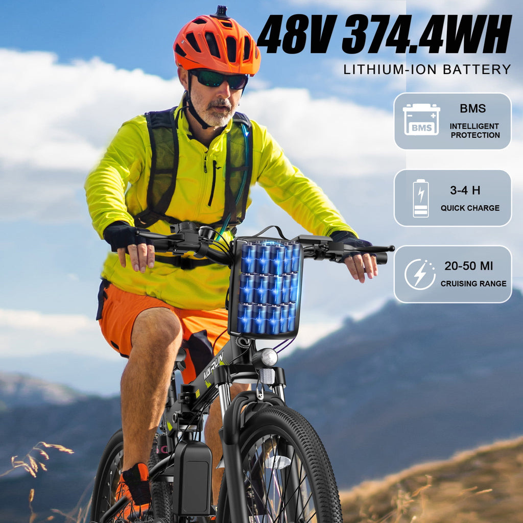 VARUN Electric Bike, 26 Foldable Ebike, Peak 750W Motor, 48V 374.4Wh Battery, up to 20+mph 50 Miles, 7 Speeds with Bike Pump, Phone Holder & Bike Lock & Rear Light, E Bike for Adult, UL2849(Black)