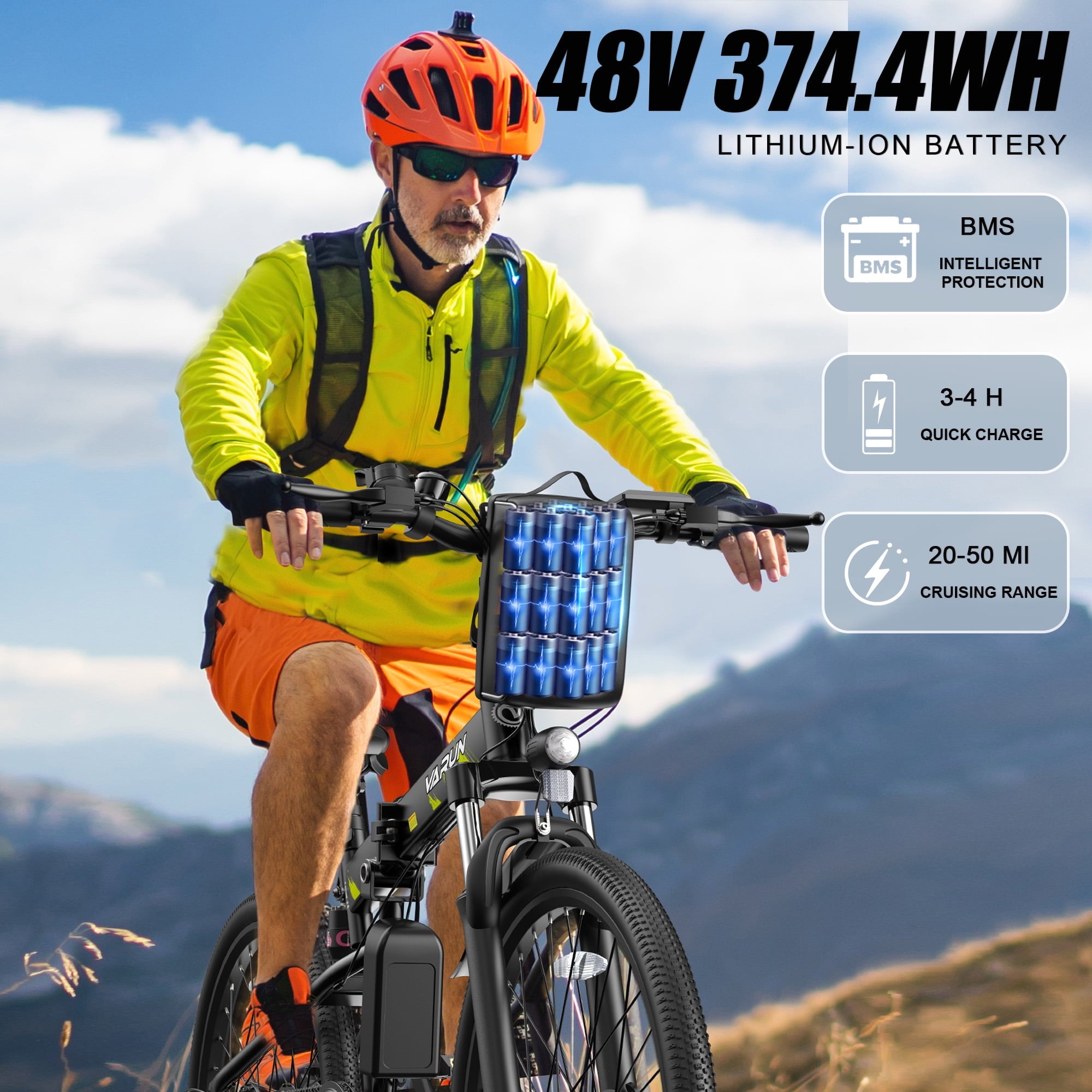 VARUN Electric Bike, 26 Foldable Ebike, Peak 750W Motor, 48V 374.4Wh Battery, up to 20+mph 50 Miles, 7 Speeds with Bike Pump, Phone Holder & Bike Lock & Rear Light, E Bike for Adult, UL2849(Black)