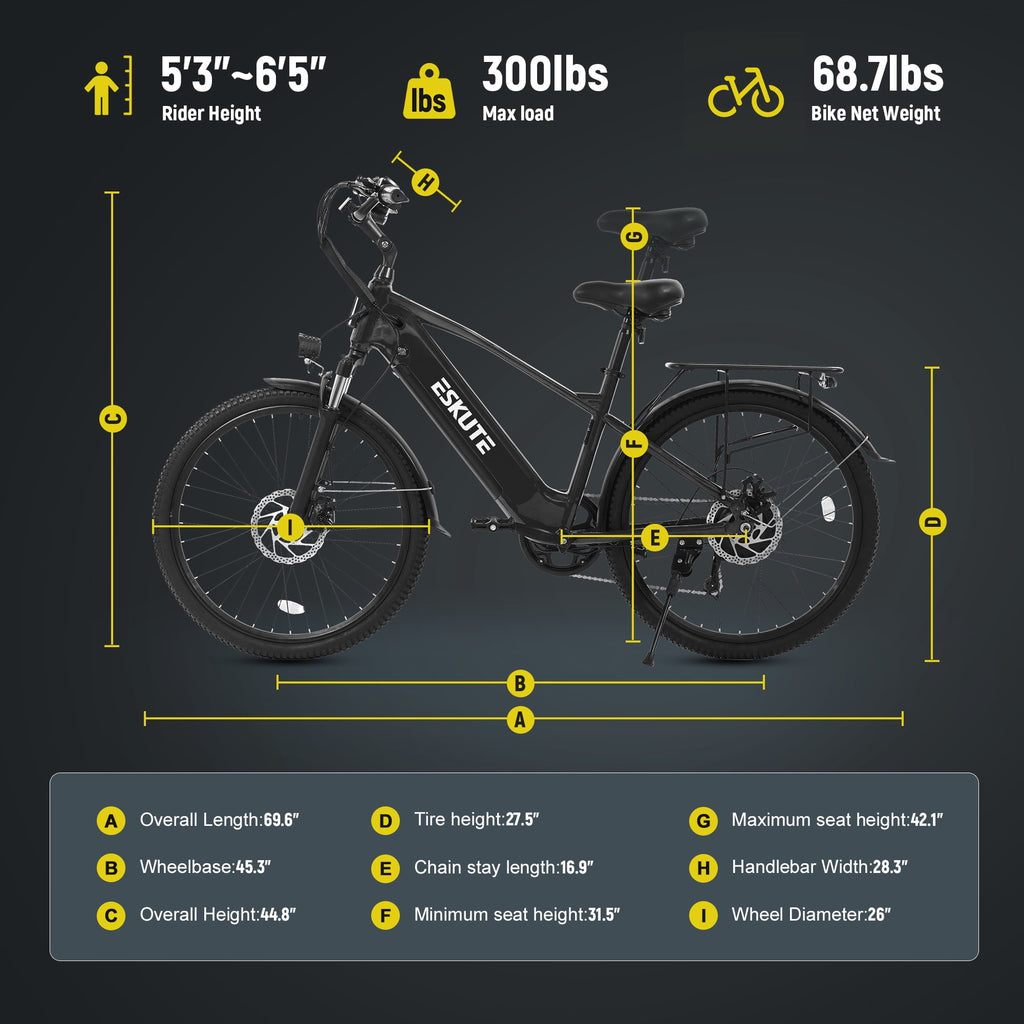 ESKUTE C200D 70-Mile Electric Bike for Adults, 840Wh Removable Battery, 1300W Peak Motor, Up to 28MPH, 26 Tires, 7-Speed Step-Over E-Bike White, UL2849