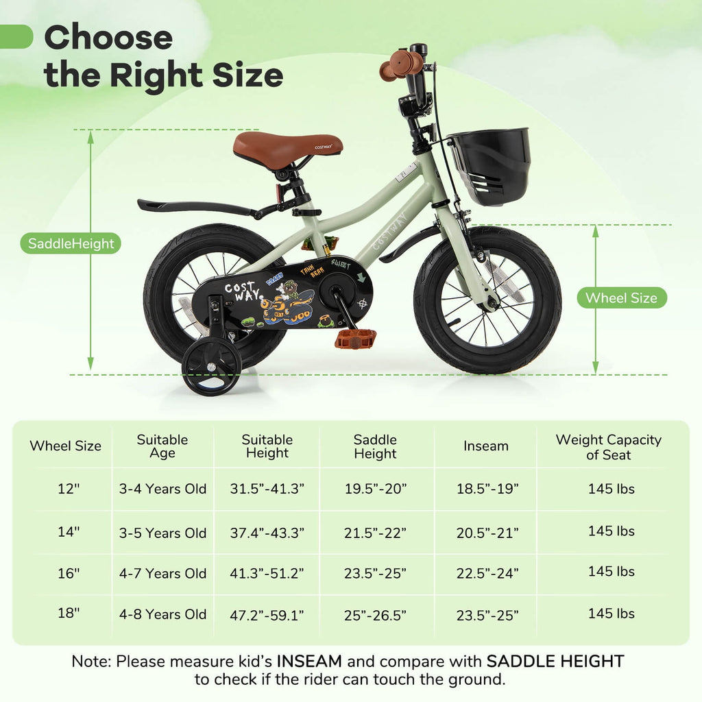 Costway 12 Kid’s Bike with Training Wheels Adjustable Handlebar & Seat Handbrake Green