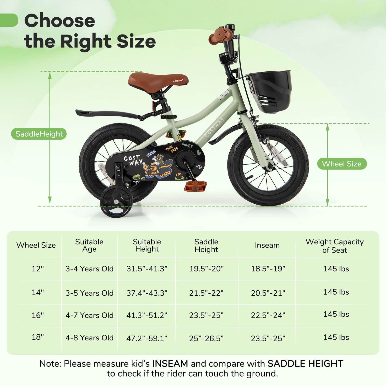 Costway 12 Kid’s Bike with Training Wheels Adjustable Handlebar & Seat Handbrake Green