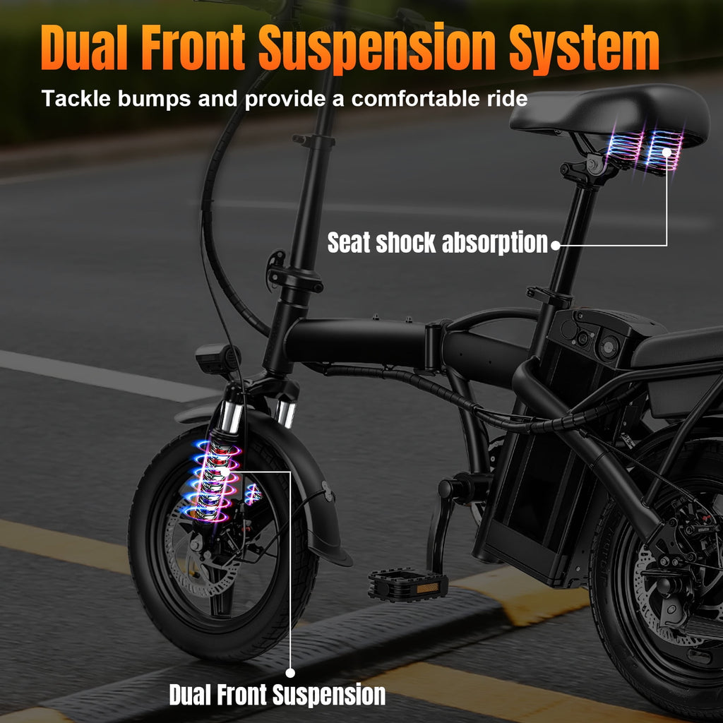 14 Inch Folding Electric Bicycle, 400W Adult Electric Bicycle, 48V 10.4Ah,Top Speed 19.9 Mph, Dual Disc Brake Safety System, 3-Speed Riding, Front Fork With Shock Absorption, Black