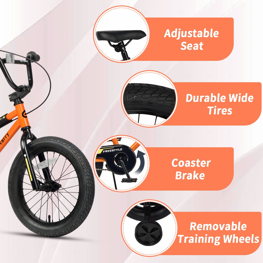Glerc 14 Inch Little Kids Bike BMX Style Bicycle with Training Wheels Coaster Brake for 3 4 5 Years Old Boys Girls, Blue