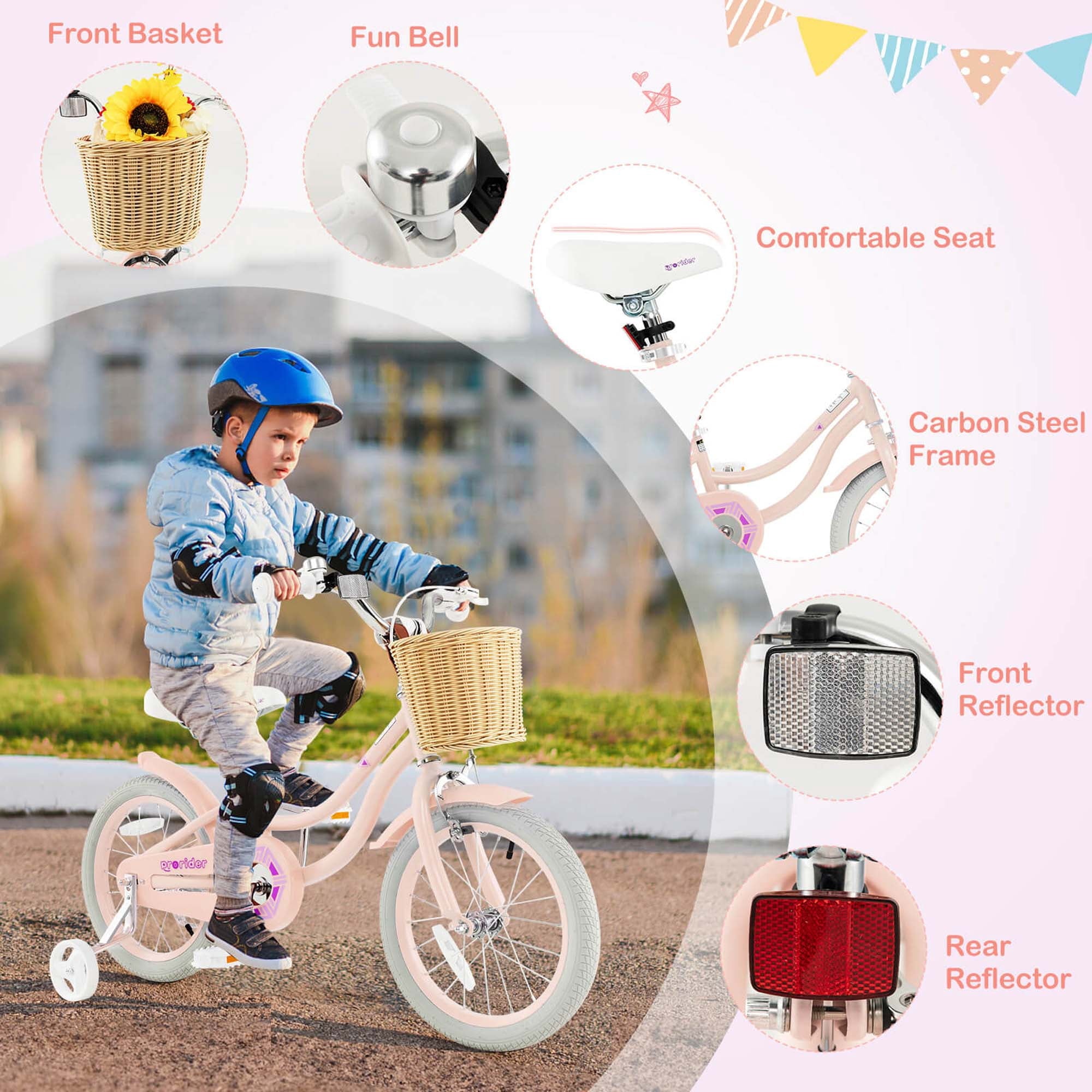 Costway 16 Kid’s Bike with Training Wheels Adjustable Handlebar Seat Handbrake Pink