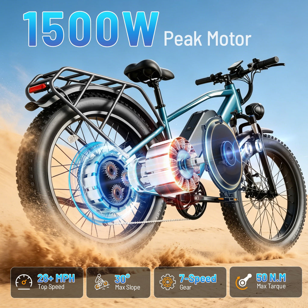 YareYi Electric Bike for Adults 26, 2000W Peak E-Mountain Bicycle, 28MPH Fat Tire Ebike, 48V 15Ah Removable Battery, 7 Speed and Front Suspension with Rear Rack UL2849