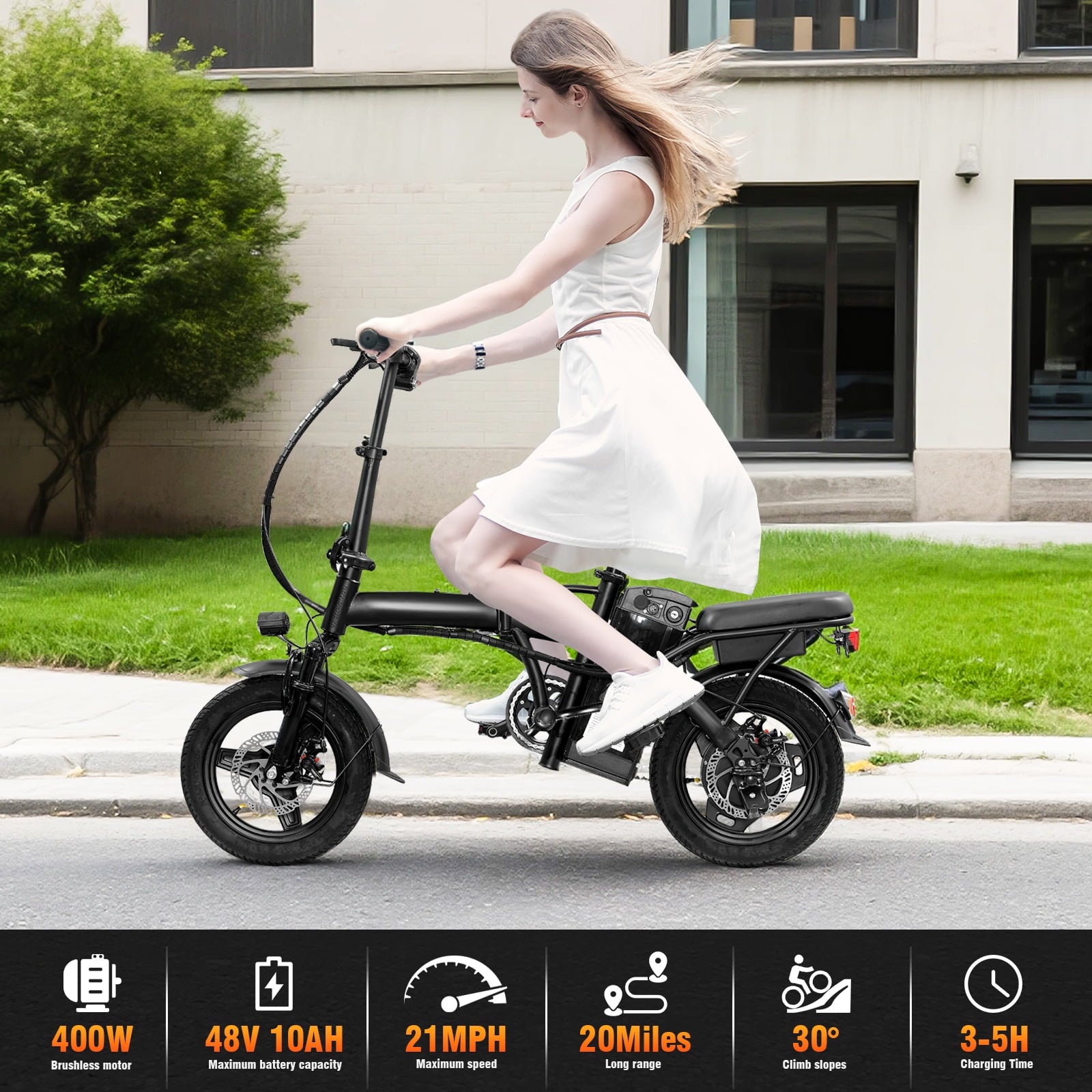 14 Inch Folding Electric Bicycle, 400W Adult Electric Bicycle, 48V 10.4Ah,Top Speed 19.9 Mph, Dual Disc Brake Safety System, 3-Speed Riding, Front Fork With Shock Absorption, Black