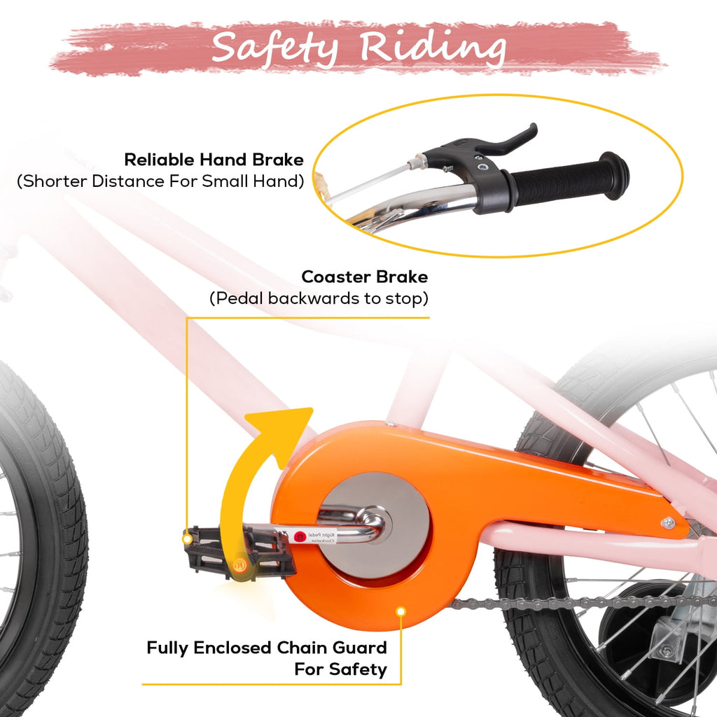 Hykolity Kids Bike Boy Girl Bicycle 16 inch for Children Age 4-7 Years Old Height 41-53 in Child Sport Bike Includes Training Wheel Basket Peach Pink