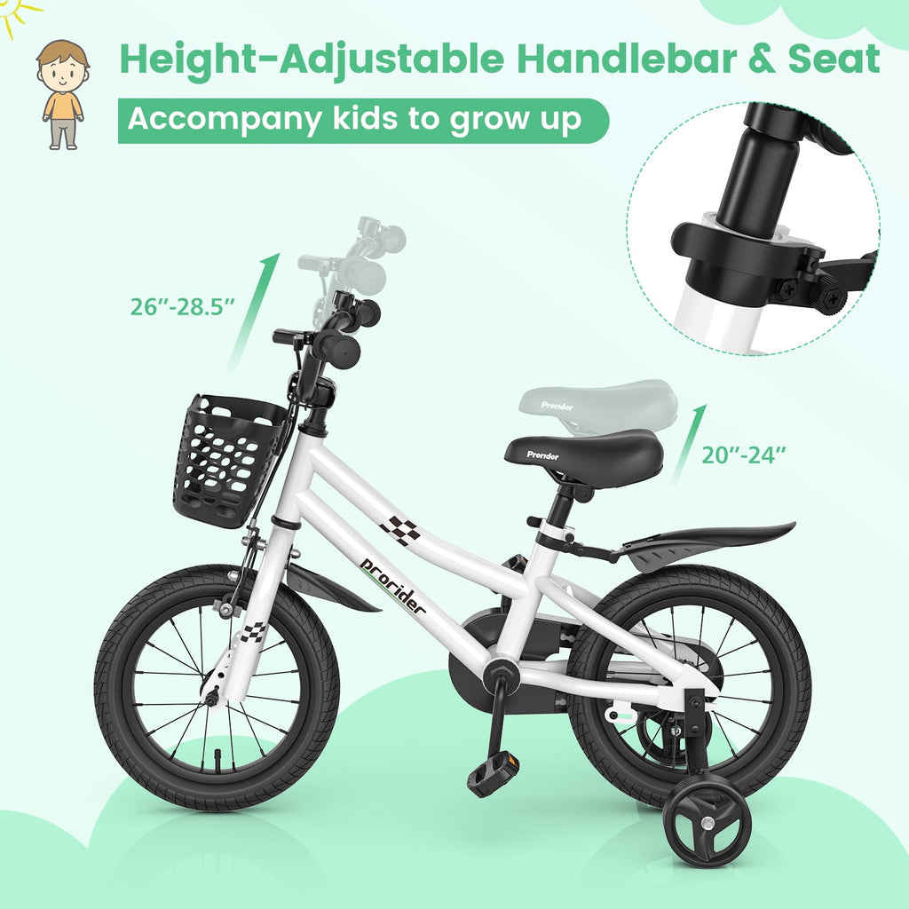 Costway 14'' Kid's Bike with Removable Training Wheels & Basket for 3-5 Years Old White