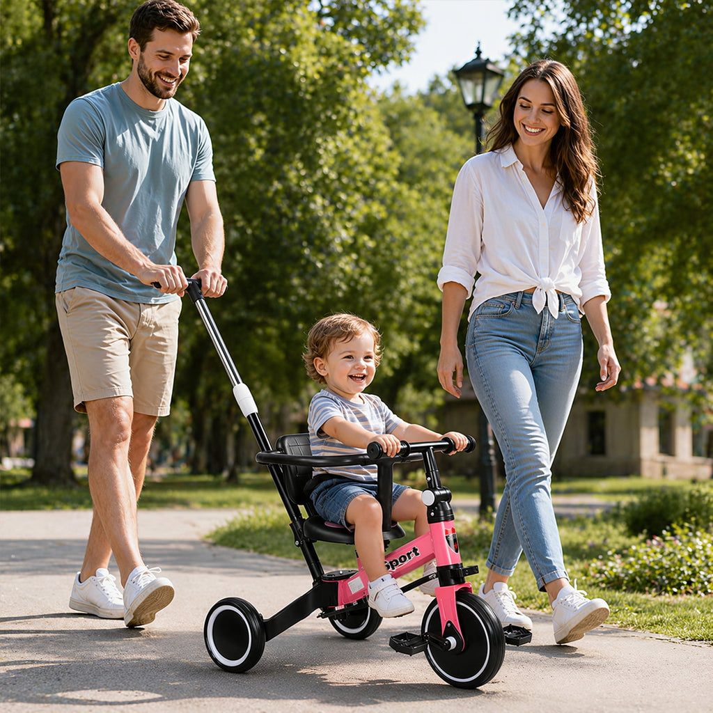 WLRETMCI 7 in 1 Toddler Bike, Tricycle for Toddlers 1-5 Year Old with UV Canopy, Balance Bike with Parental Control Handle, Adjustable Seat Height, Removable Pedal, Backrest (Pink)