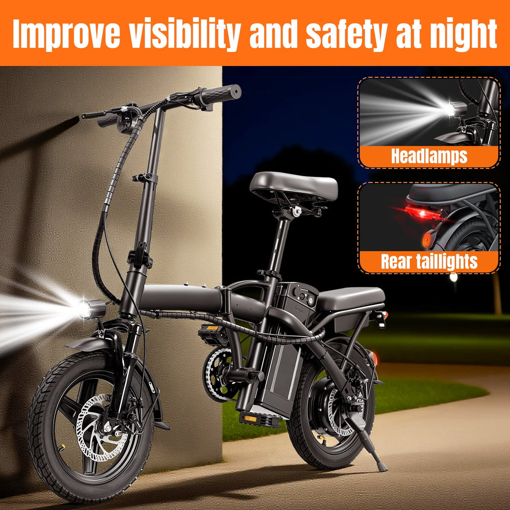 14 In Adult Folding Electric Bike - 48V 740W Peak Motor, 15Ah Battery, With 11 Shock Absorbers, Range Of 25-35 Miles, Maximum Load Capacity Of 330 Lbs, Portable Folding Design Black