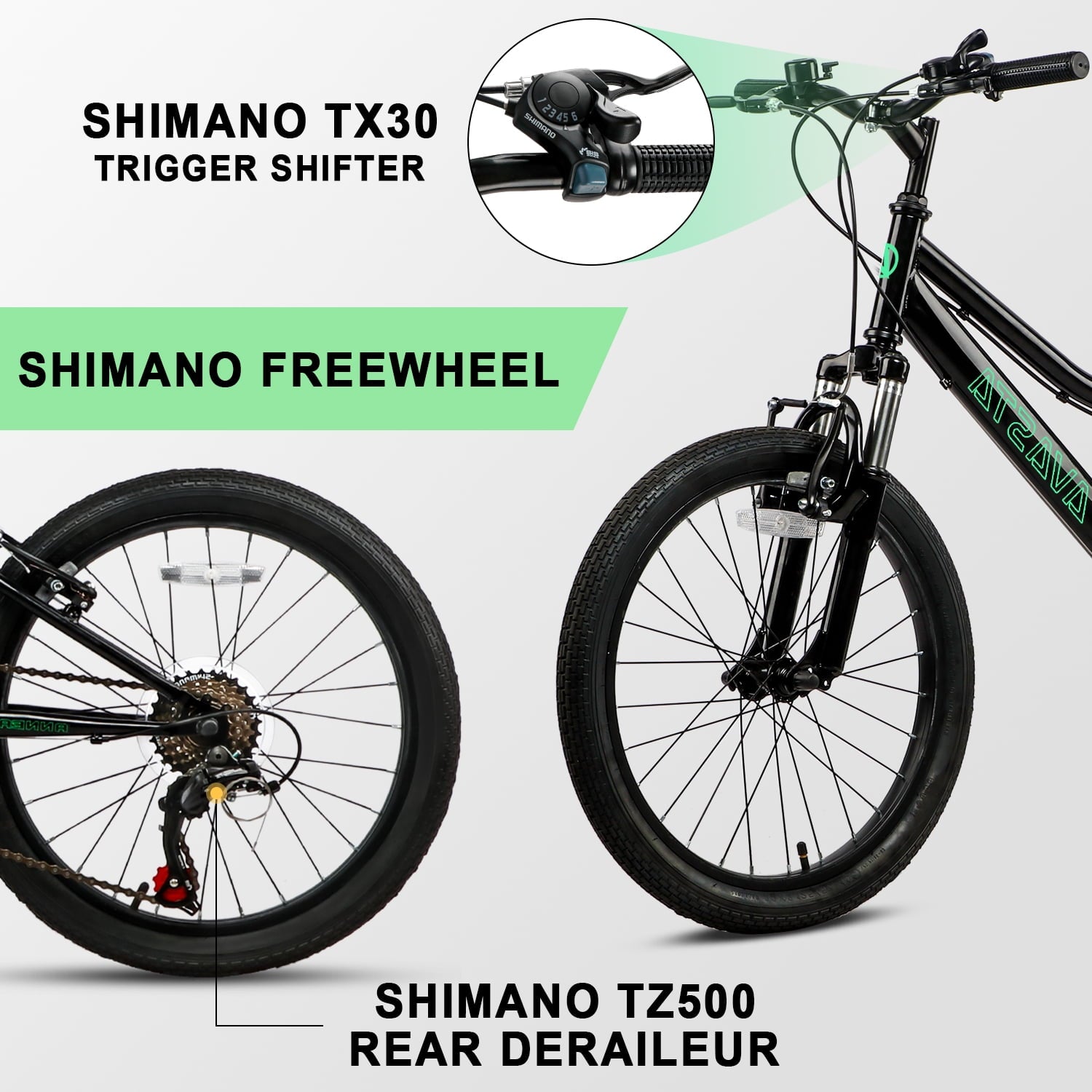 AVASTA 20'' Big Kids Mountain Bike for Age 6 7 8 9 10 11 12 Years Old Boys Girls Teen with Suspension Fork Front & Rear Dual Hand Brakes 6 Speeds Drivetrain, Green