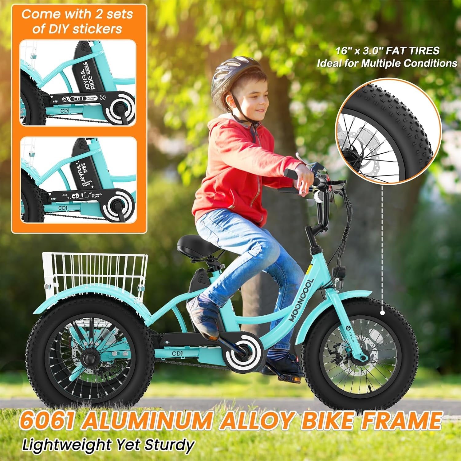 MOONCOOL Electric Tricycle for Kids ,16x3 3 Wheel 250W 10.4Ah Etrike W/ LED headlight & Rear Basket & horn bell & DIY stickers，6/9/12.5 MPH
